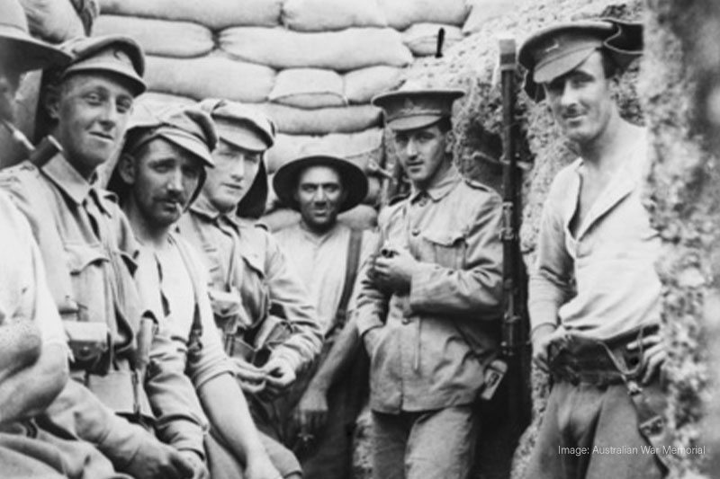 Australian and New Zealand soldiers in a frontline trench on the Gallipoli Peninsula, 1915